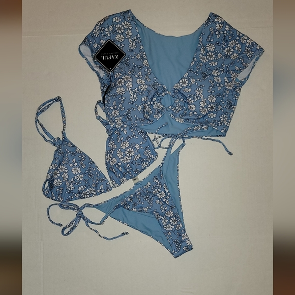 Zaful 3 pc string bikini floral blue white flowers crop top padded adjustable - Picture 7 of 13